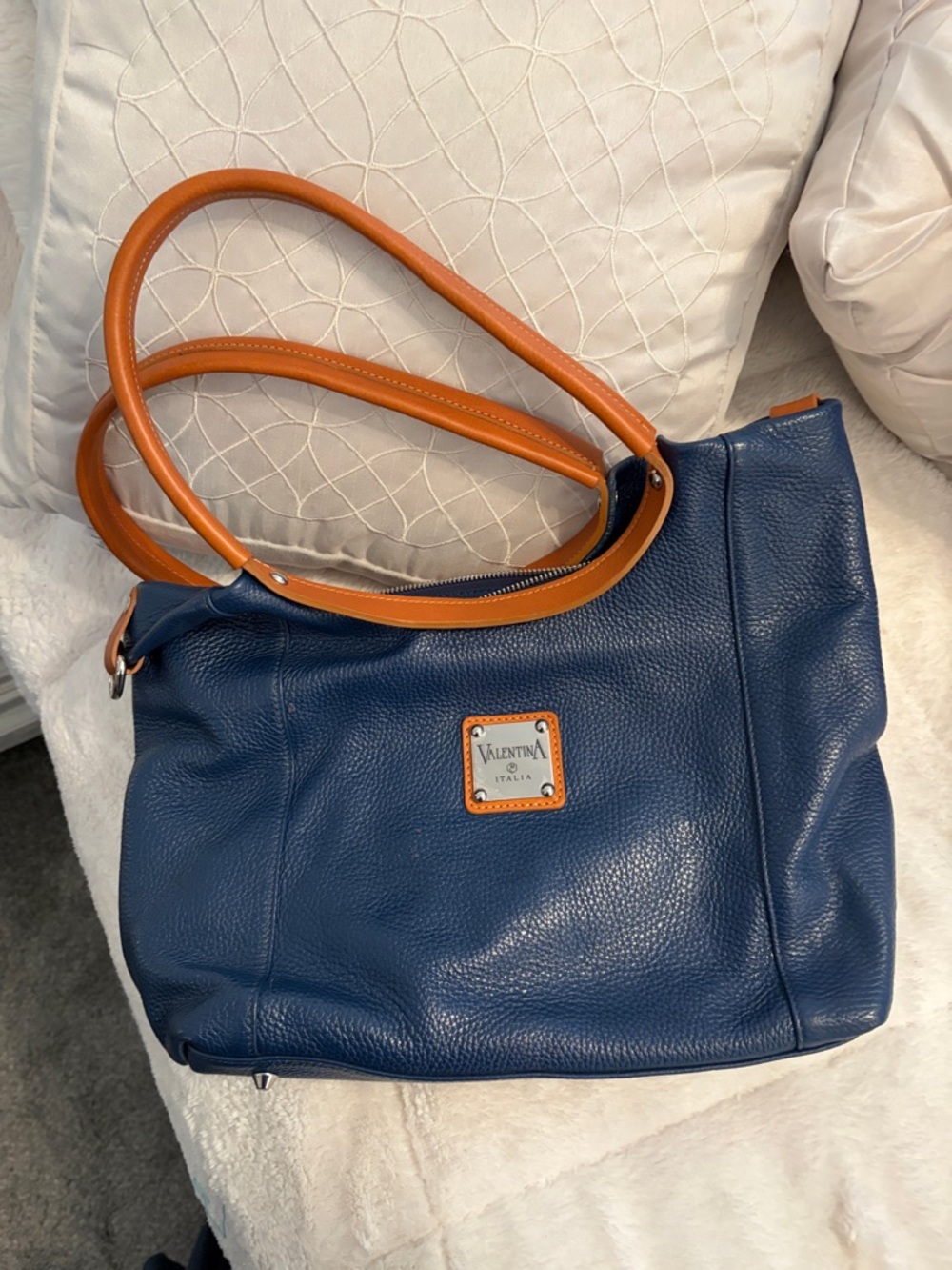 Valentina Navy Pebbled Leather Shoulder Bag with Cognac Handles